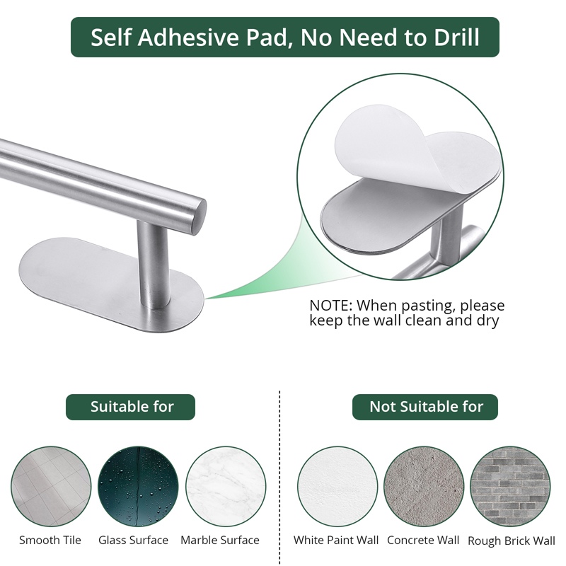 Hand Towel Holder - Self Adhesive Bathroom Towel Bar Stick on Wall, 304  Stainless Steel - 2 Pcs